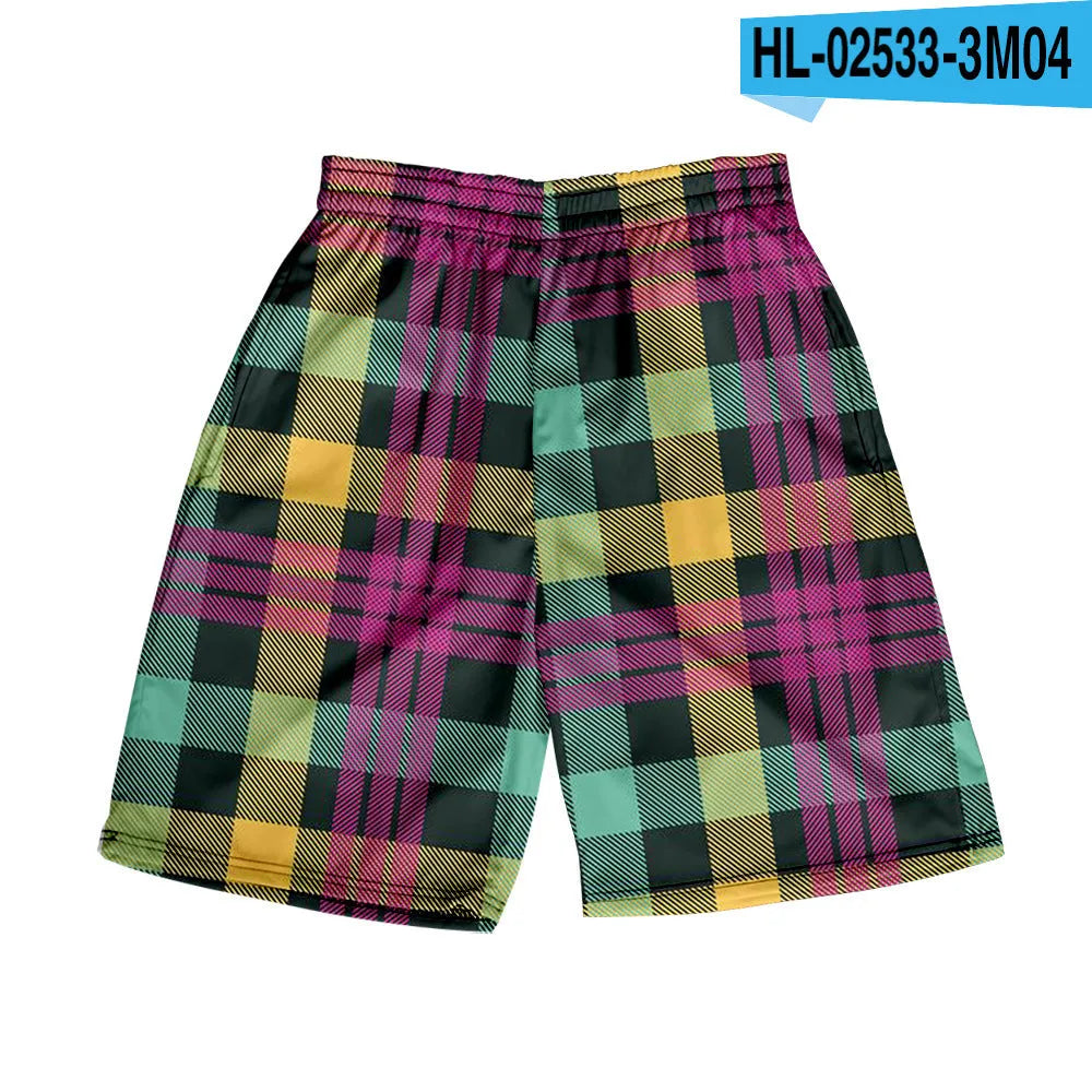 Man wearing plaid patterned polyester shorts with an elastic waistband, showcasing one of the twenty available colour options.