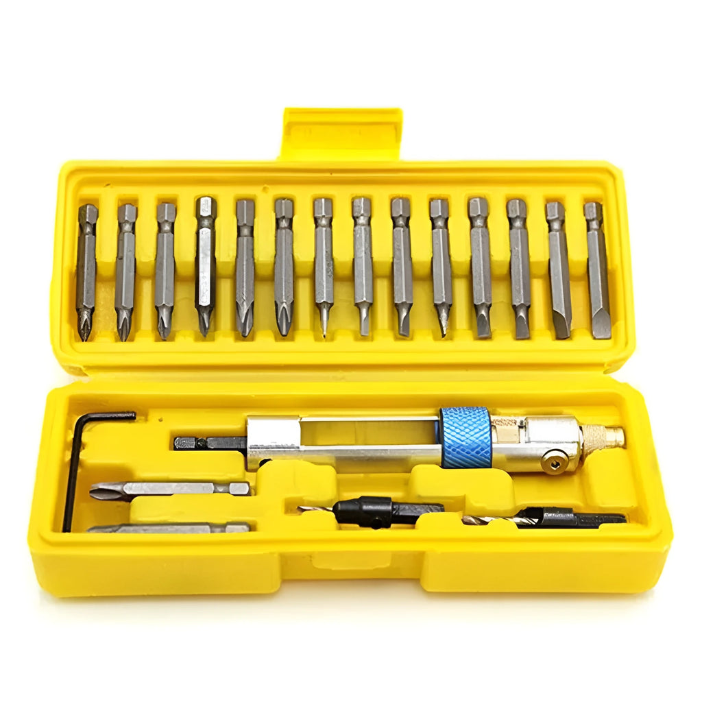 Half Time Drill driver attachment set with swivel head and assortment of Phillips and flathead bits.