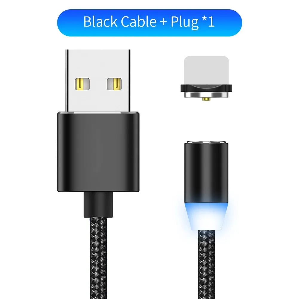 YBD 1m magnetic LED charging cable with cotton woven black cable and aluminium magnetic connectors