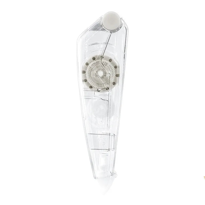 Refillable correction tape with transparent cartridge in black, white, blue, pink, or yellow colours