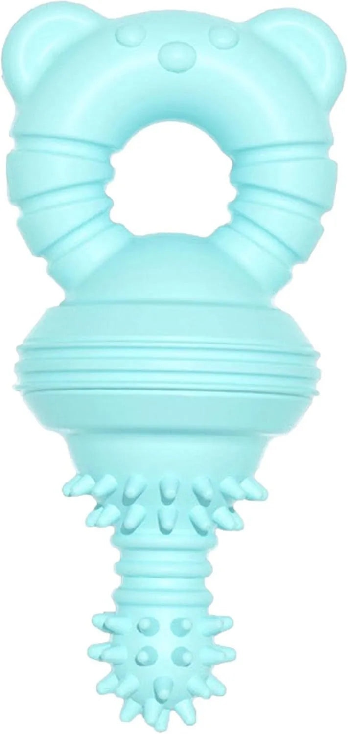 Blue rubber dog chew toy with textured surface and bell inside, shown next to a tape measure indicating 13.5cm diameter.