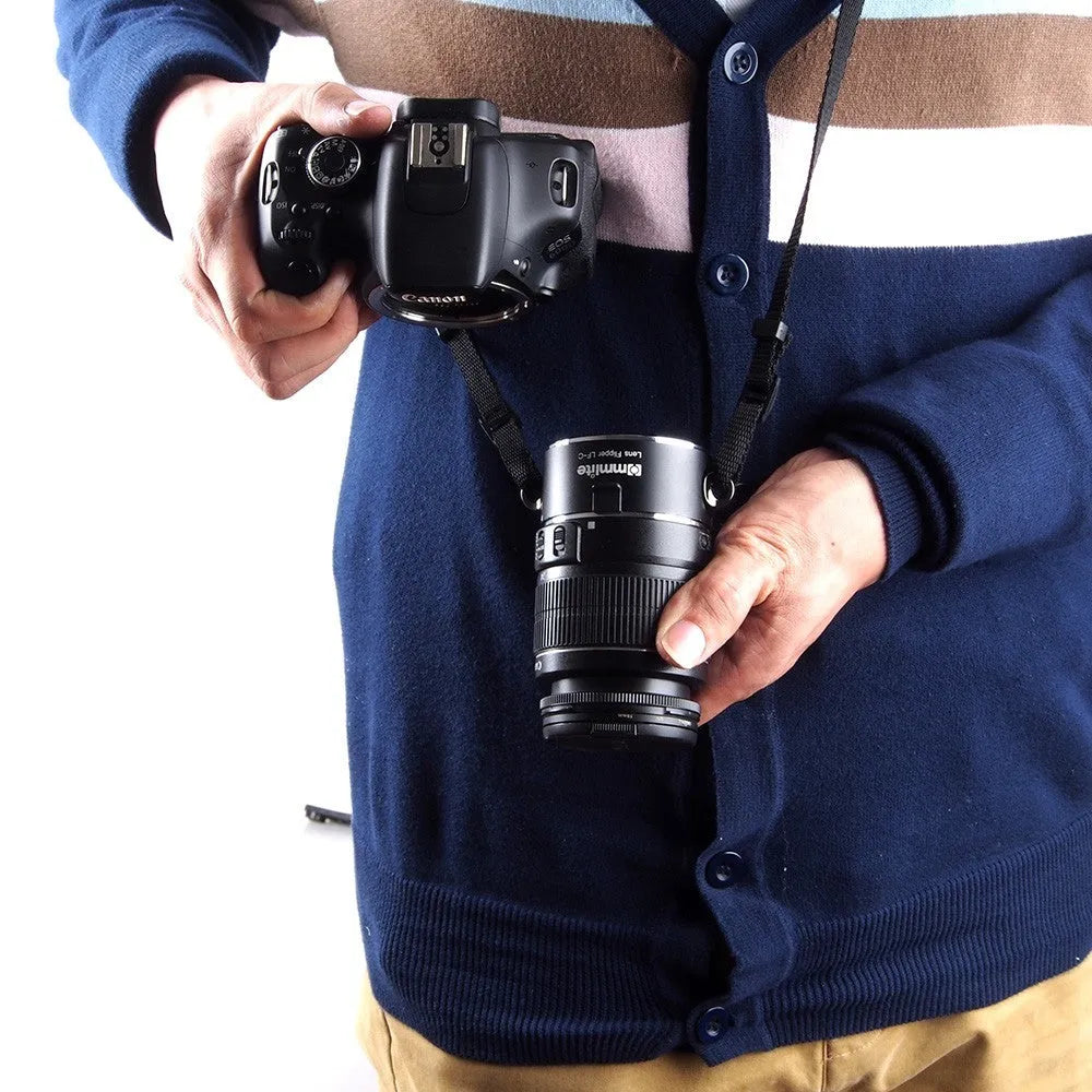 Aluminium alloy camera lens flipper holder with stainless steel buckle and cotton shoulder strap for Nikon, Canon, Sony cameras