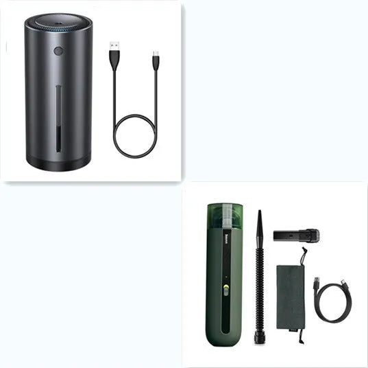 BASEUS wireless handheld car vacuum cleaner in black, white, or green with suction and blowing hose.