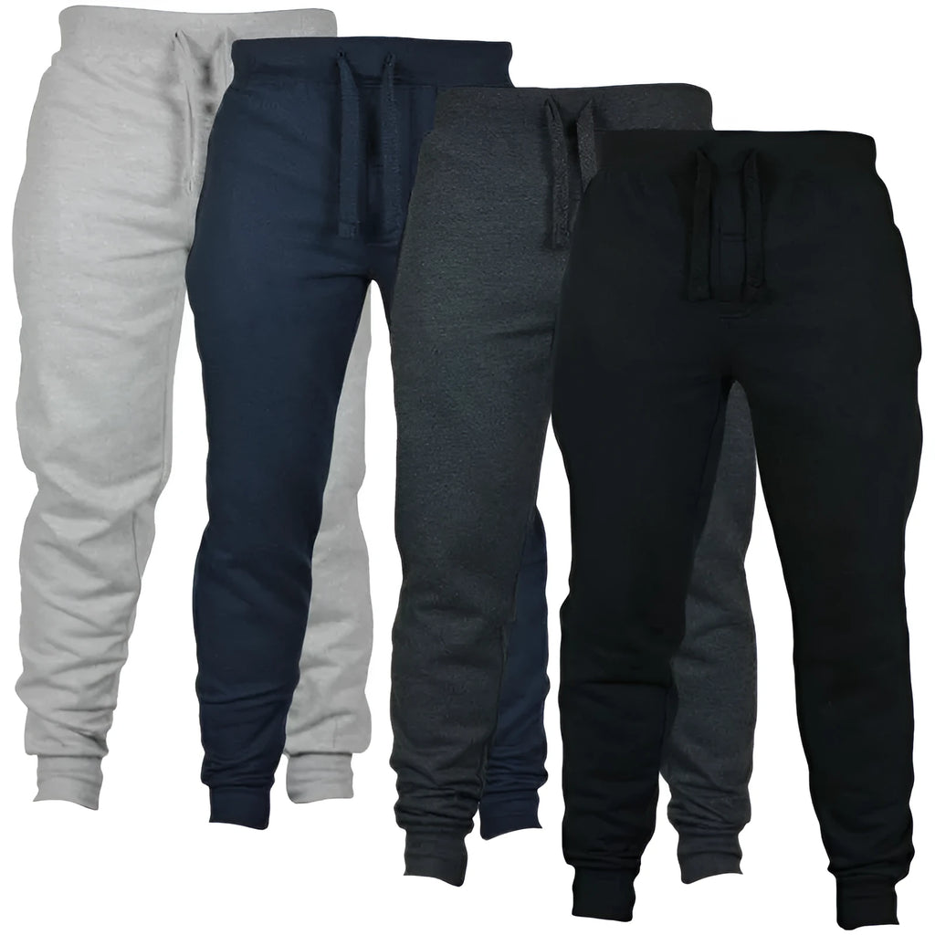 Men's black cotton fleece drawstring jogger pants laid flat, showing loose fit and flat front design.
