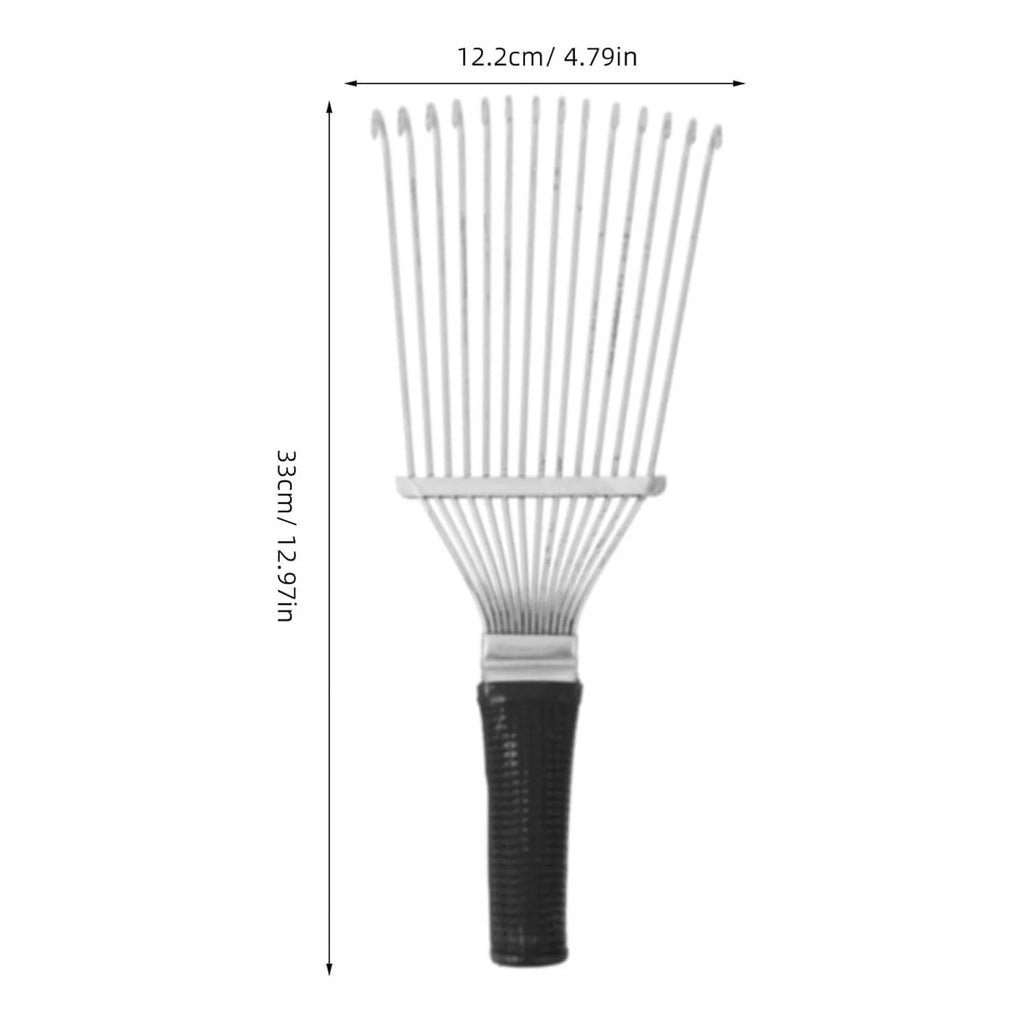 Black stainless steel dematting brush rake comb for pet and horse grooming, 33cm long.
