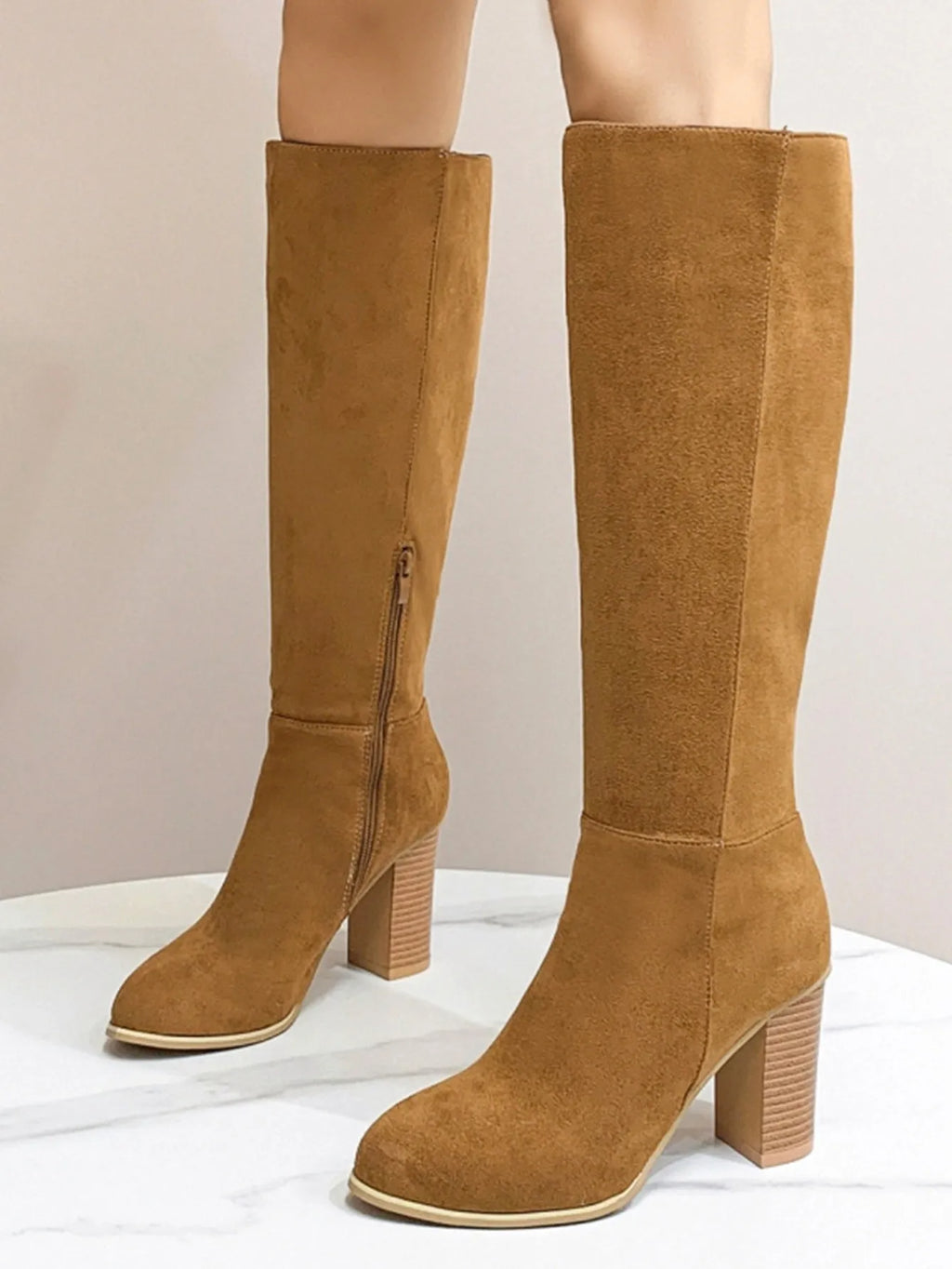 Women's black square toe high heel fashion boots made from artificial PU leather