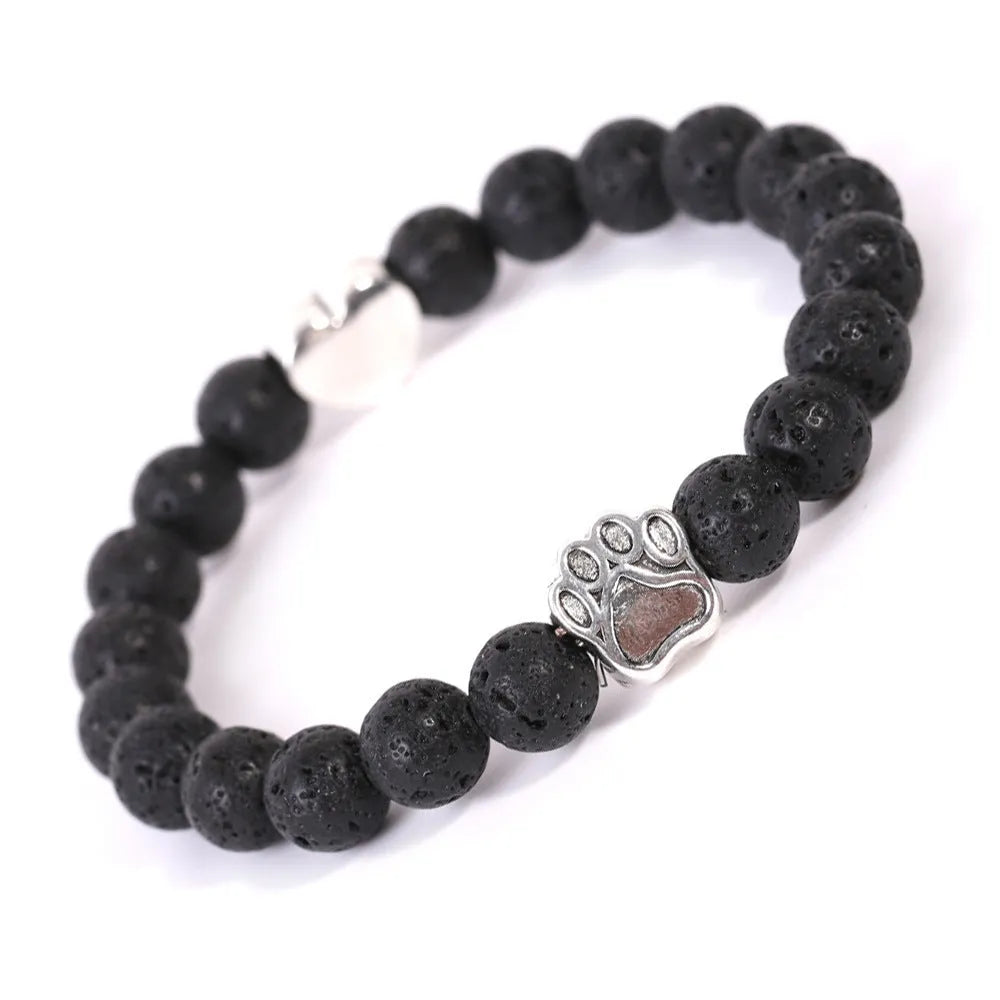 Tigereye Indian agate stone bracelet with dog's paw and love heart charms in beaded geometric design
