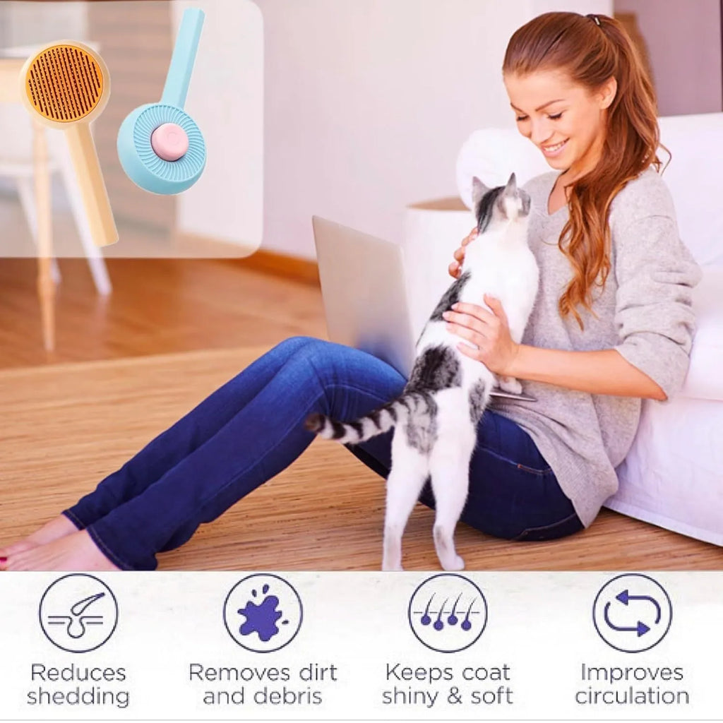 Blue pet grooming brush with metal angled needles and a self-cleaning button on the plastic handle.