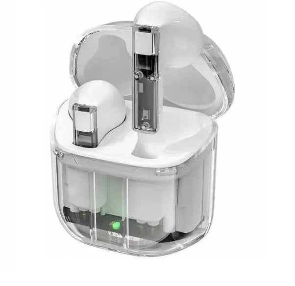 Transparent space capsule case containing true wireless Bluetooth earbuds with digital display screen