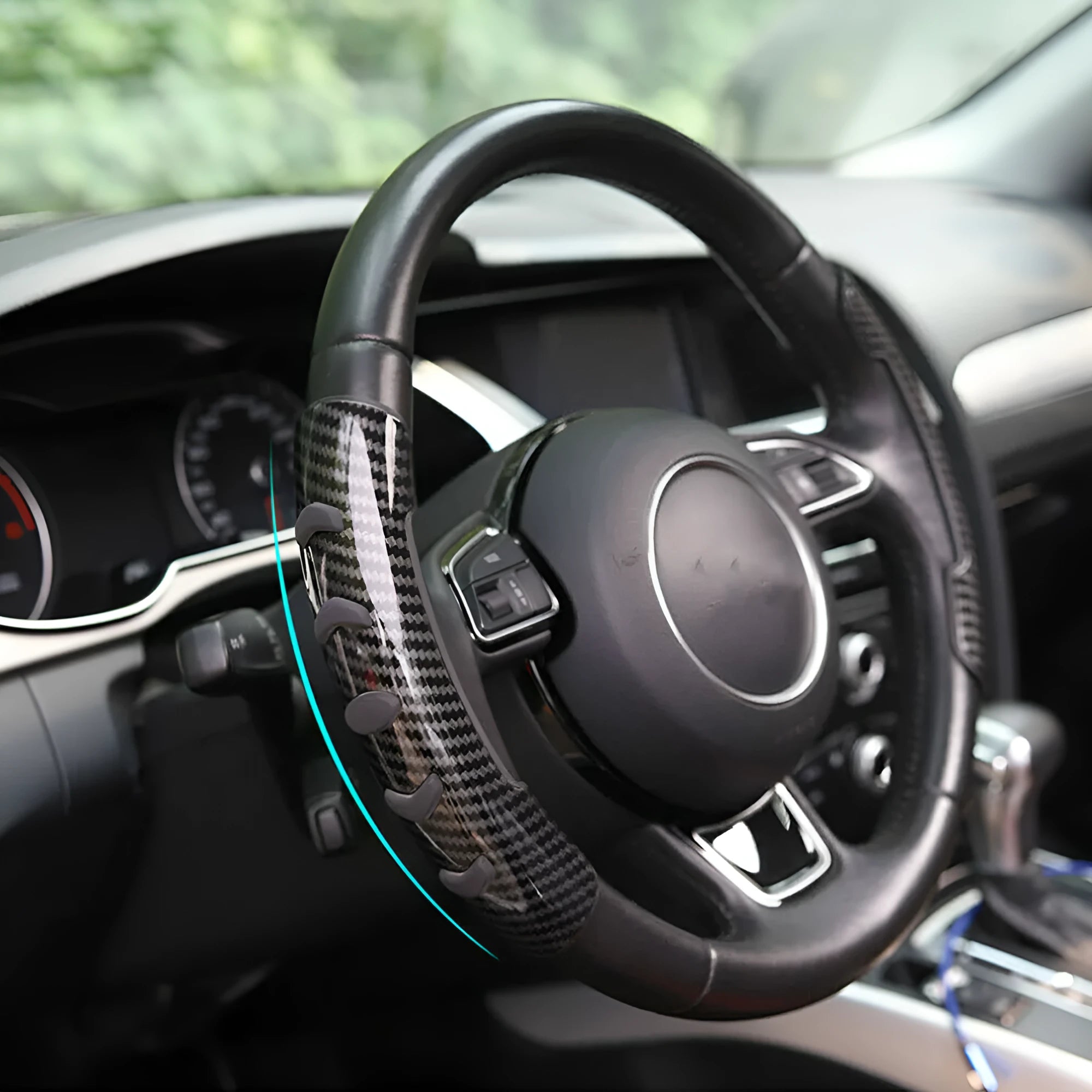 Carbon fibre black fibre steering wheel anti-slip sleeve for 38cm diameter car wheels.