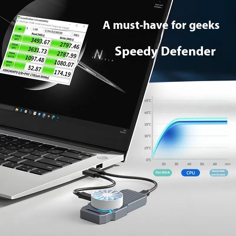 Silver aluminium USB4 hard disk box for NVMe M.2 SSDs, compatible with Thunderbolt 4 laptops.