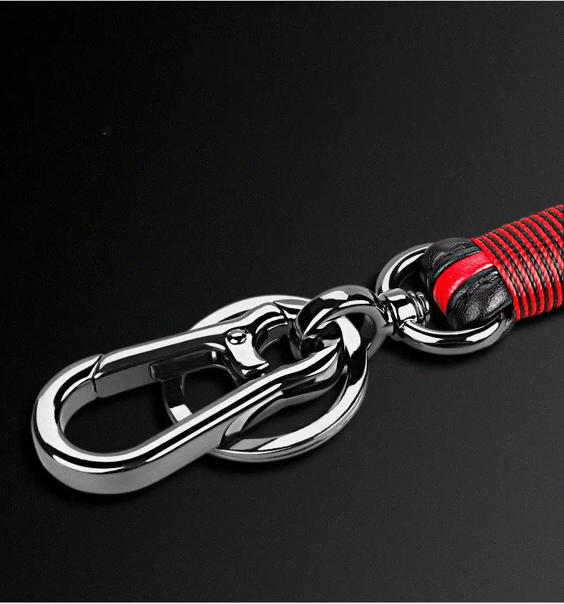 Handmade plastic keychain with horseshoe buckle in gun black finish and red key cover