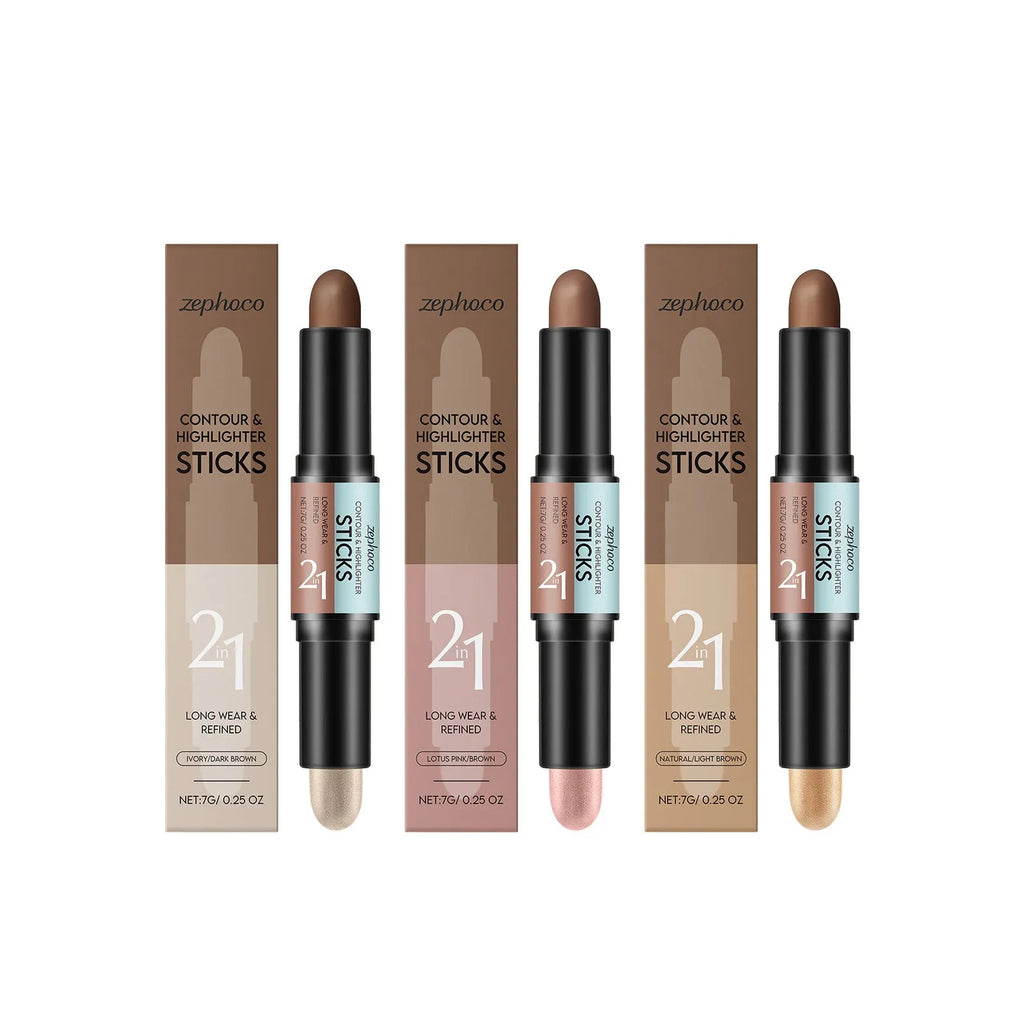 Dual-ended 2-in-1 highlighter and repair makeup pencil for eyebrows and contouring.