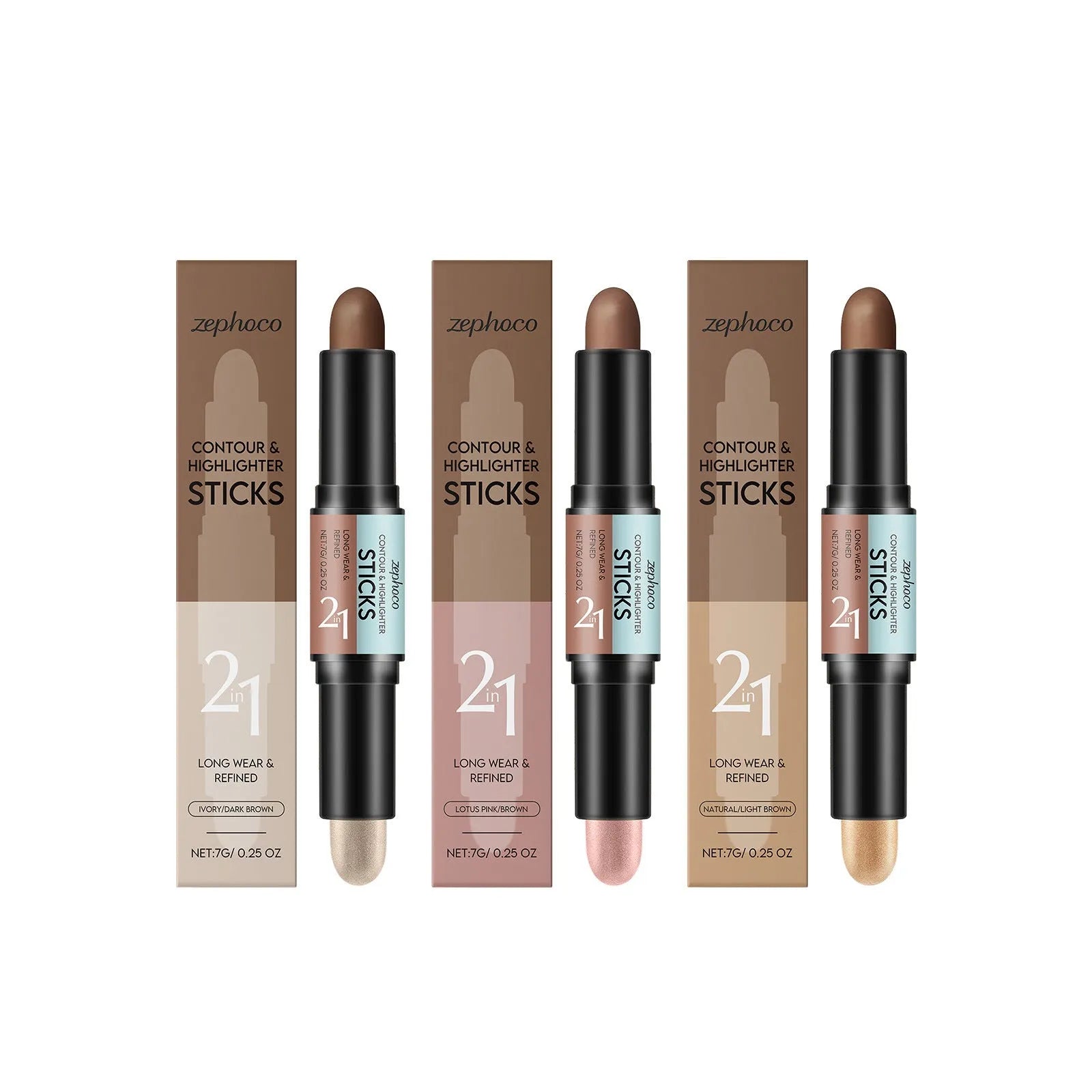 Dual-ended 2-in-1 highlighter and repair makeup pencil for eyebrows and contouring.
