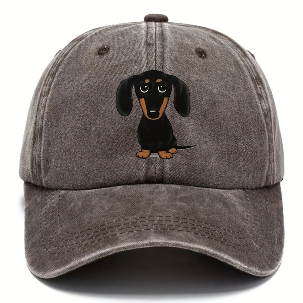 Retro washed cotton baseball cap with embroidered dachshund dog print, dome crown, peaked brim