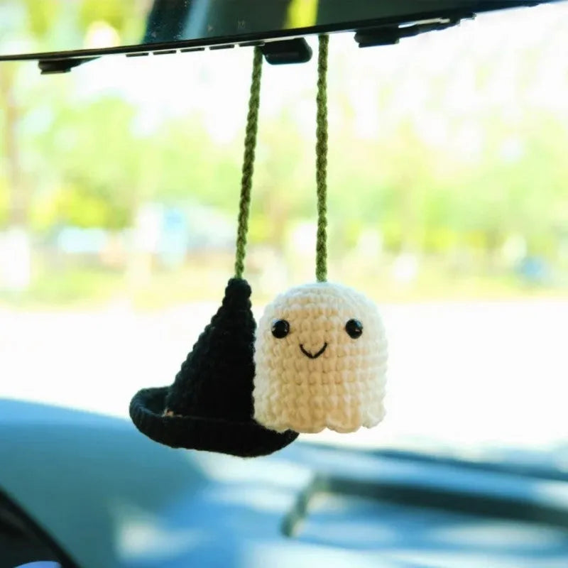 Plush hand-woven car hanging ornament with Halloween cartoon design on polyester fabric