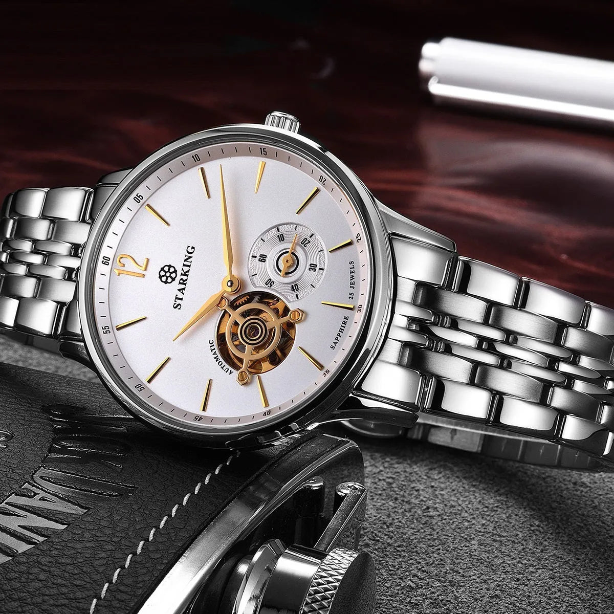 Automatic mechanical men's business watch with skeleton dial and brown leather strap