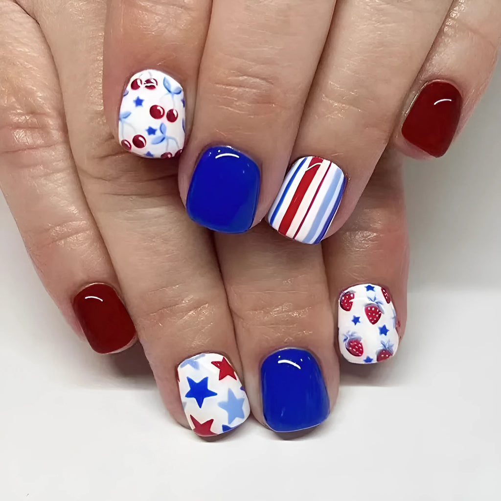 Glossy red and blue strawberry cherry pattern artificial nail stickers for Independence Day