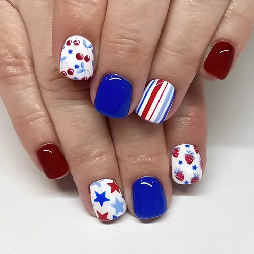 Glossy red and blue strawberry cherry pattern artificial nail stickers for Independence Day