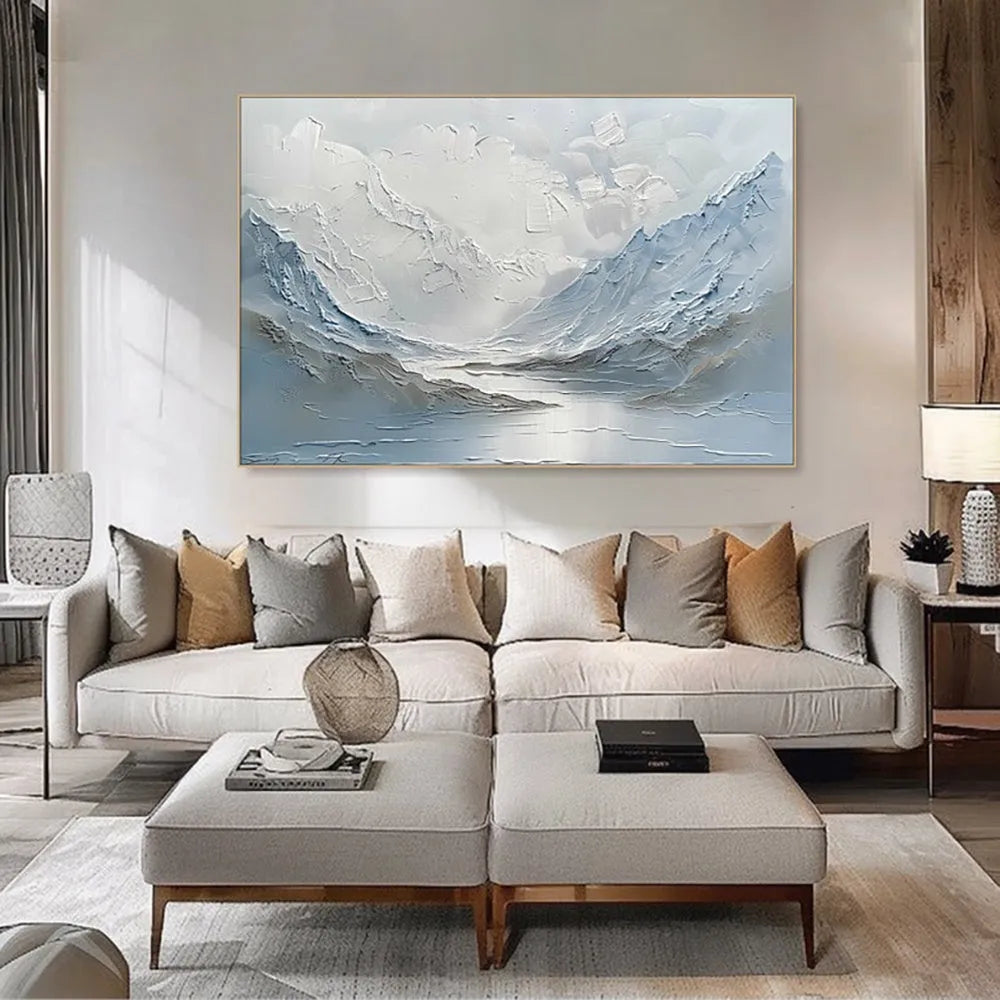 Handpainted light blue and white mountain lake scenery thick canvas oil painting vertical modern unframed wall art