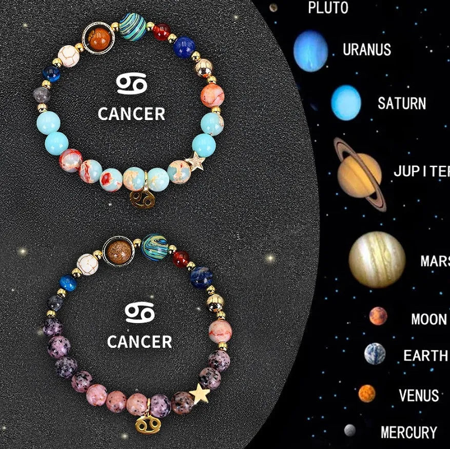Two natural stone beaded bracelets featuring twelve zodiac sign symbols for astrology lovers.
