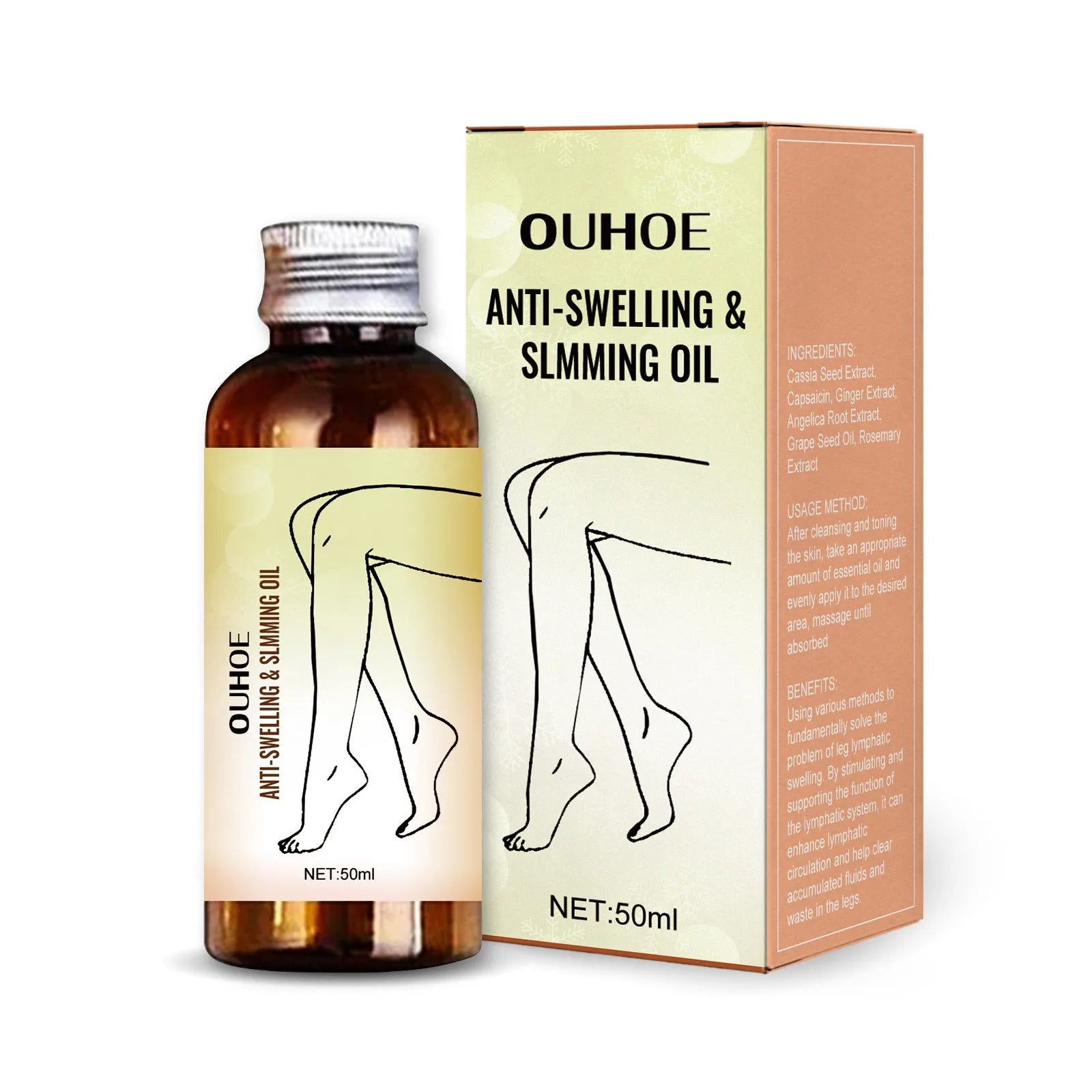 50ml bottle of botanical body moisturising oil with six extracts for skin care and leg massage