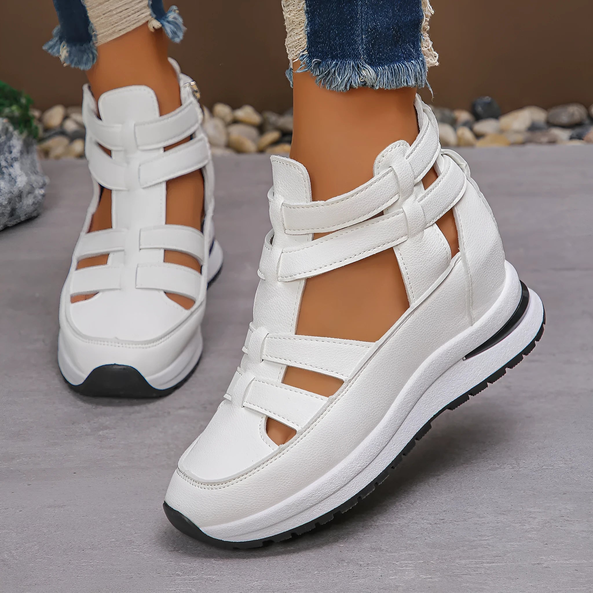 Black women's platform sandals with hollow-out design and Velcro strap