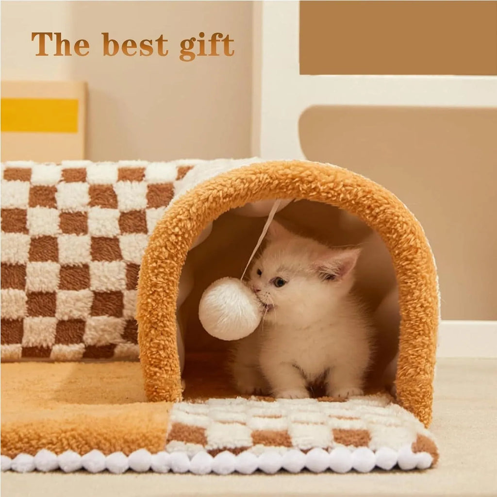 Brown plaid cat tunnel bed with central mat, showing non-slip bottom and large XL size.