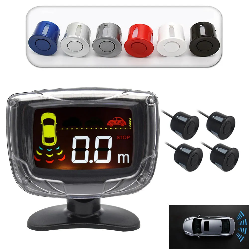 Black wireless reversing sensor kit with digital display, four round probes, power cable, and installation tools.