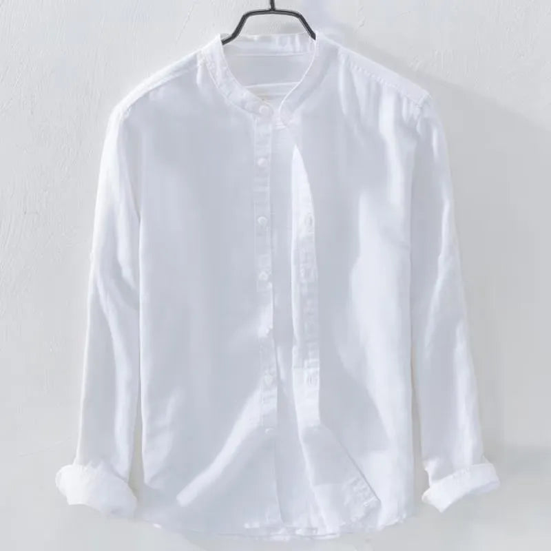 Men's loose fit linen cotton long sleeve shirt in dark blue colour showing button-up design