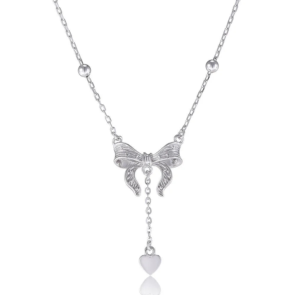 S925 pure silver butterfly heart necklace with adjustable 40-45cm chain and bow detail