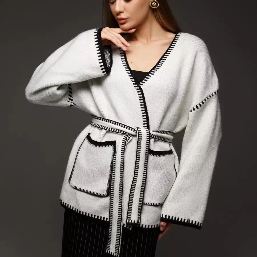 Lace-up knitted cardigan in camel colour with loose fit and mid-length design