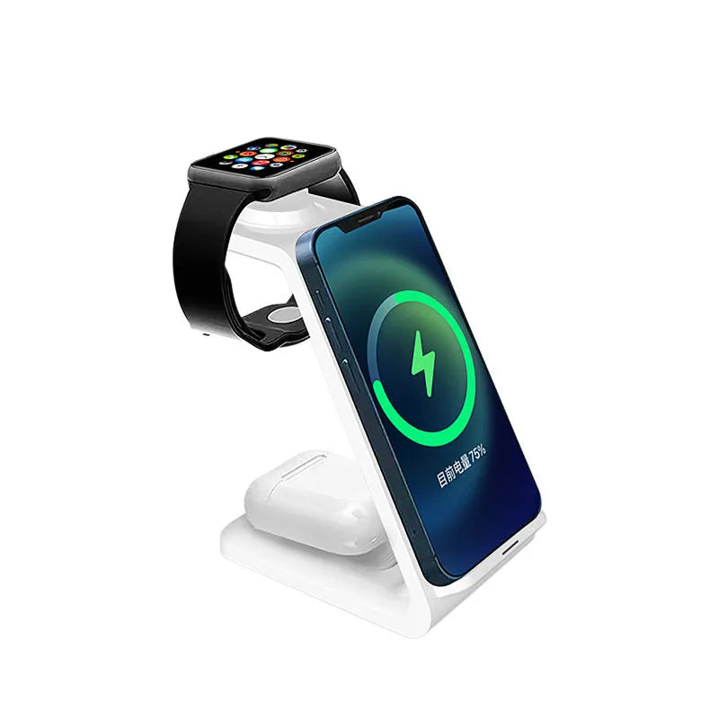 White 3-in-1 upright wireless phone charger with dual coils and Type-C cable on desk