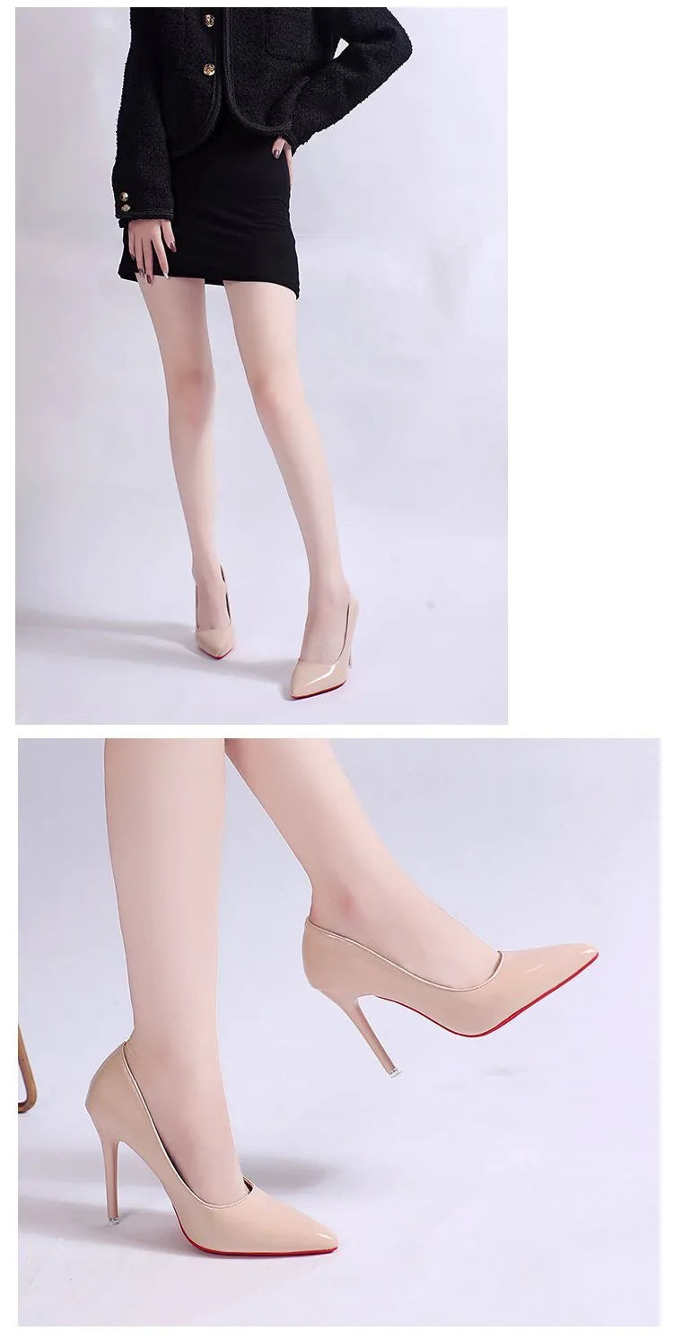 Women's black pointed toe stiletto heel pumps with a shallow mouth design on a plain background.