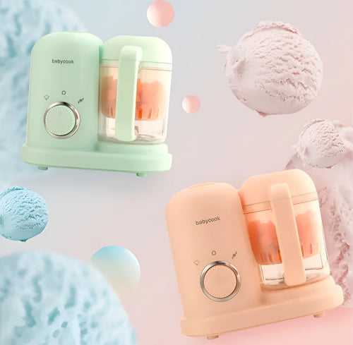 Baby food processor with steamer and blender functions in green or pink colour options