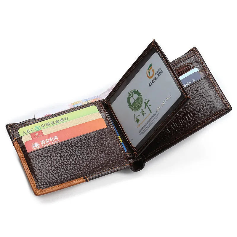Korean style men's wallet in cowhide leather with personality stitching and multiple compartments