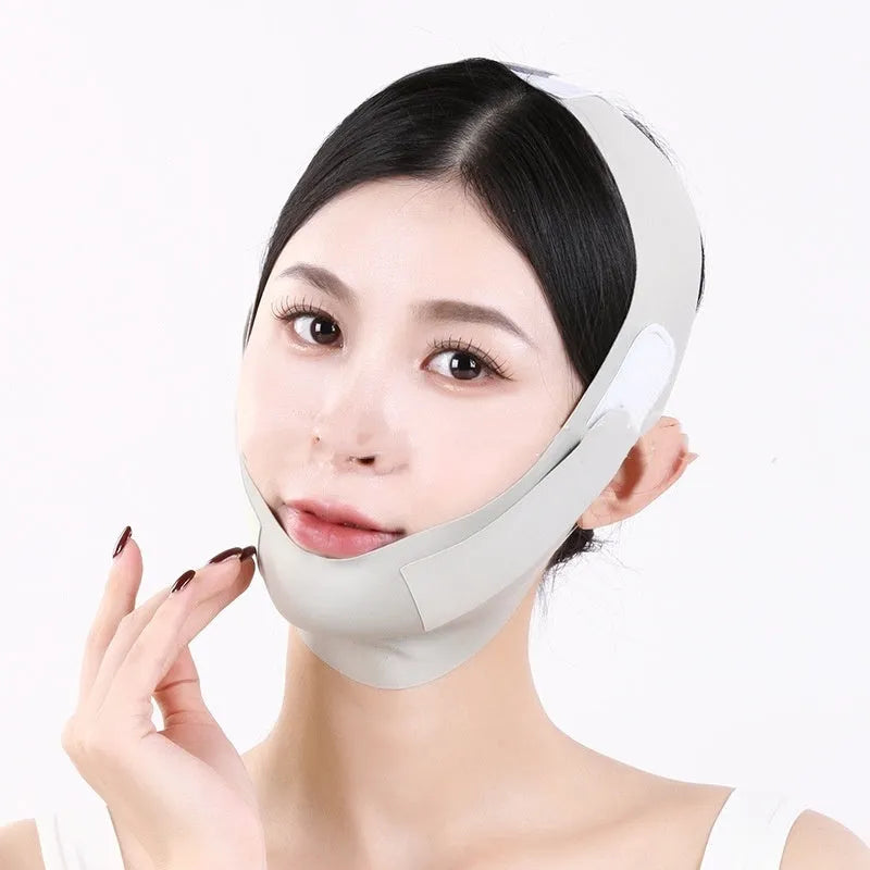 Purple and green V face shaping mask with anti-sagging bandage for facial lifting and tightening