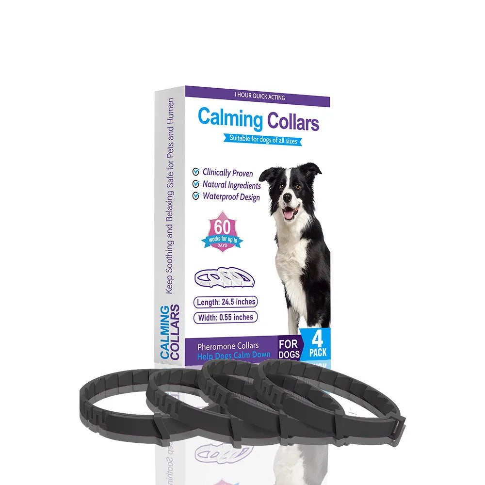 Four dog collars in assorted colours with Chinese style monochrome patterns, TPR material construction