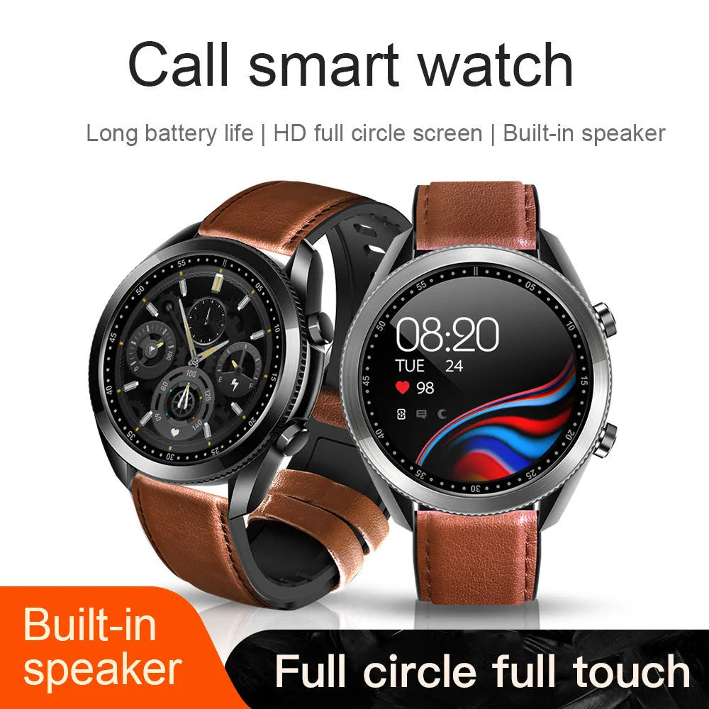 UM90 smart call watch with large screen on leather strap, showing fitness tracking interface.