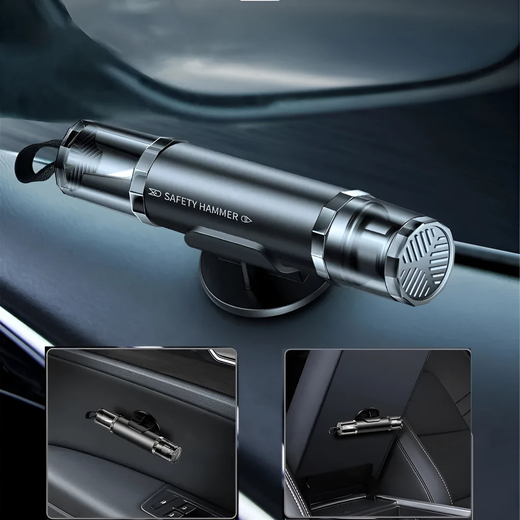 Black and red 2-in-1 car emergency hammer and seat belt cutter tool with mounting bracket.