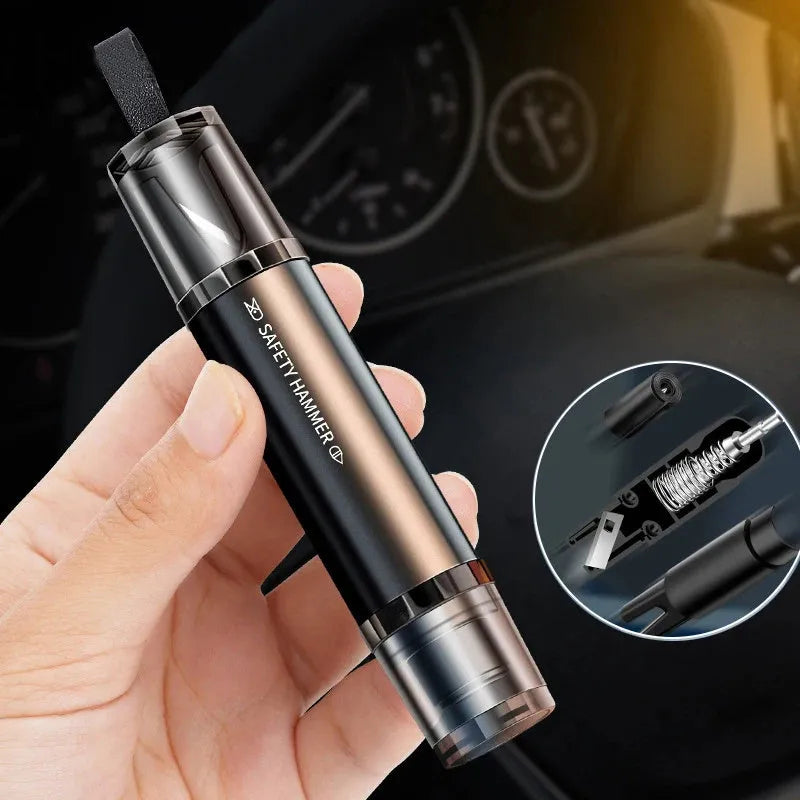 Black and red 2-in-1 car emergency hammer and seat belt cutter tool with mounting bracket.