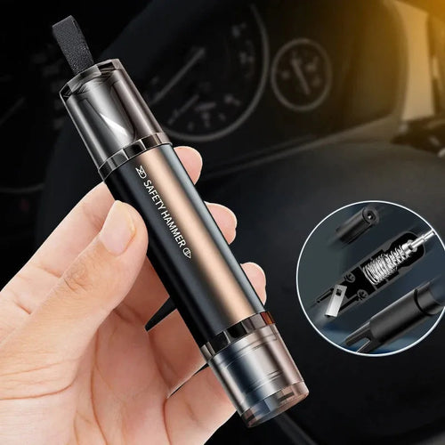 Black and red 2-in-1 car emergency hammer and seat belt cutter tool with mounting bracket.