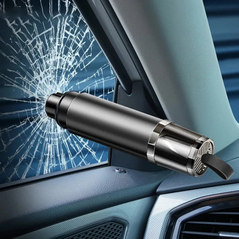 Black and red 2-in-1 car emergency hammer and seat belt cutter tool with mounting bracket.