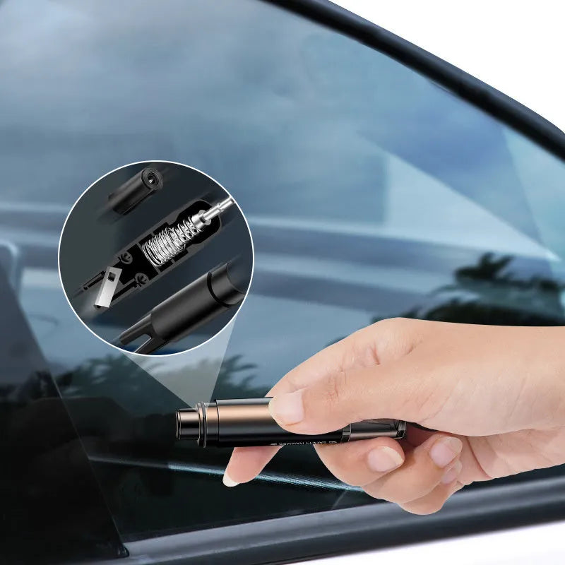 Black and red 2-in-1 car emergency hammer and seat belt cutter tool with mounting bracket.