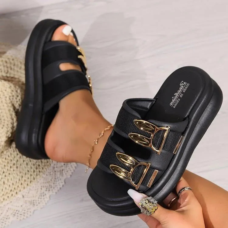 Women's slippers with suede uppers and thick rubber soles in apricot, black, and off white colours