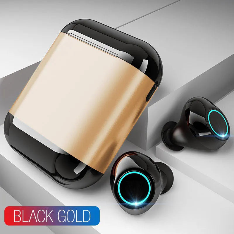 Black Bluetooth TWS wireless earbuds showing left and right independent earbuds