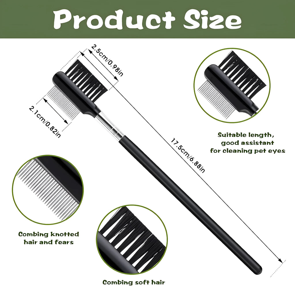 Double-head dog eye comb with black handle, steel teeth, and fibre side for tear stain removal