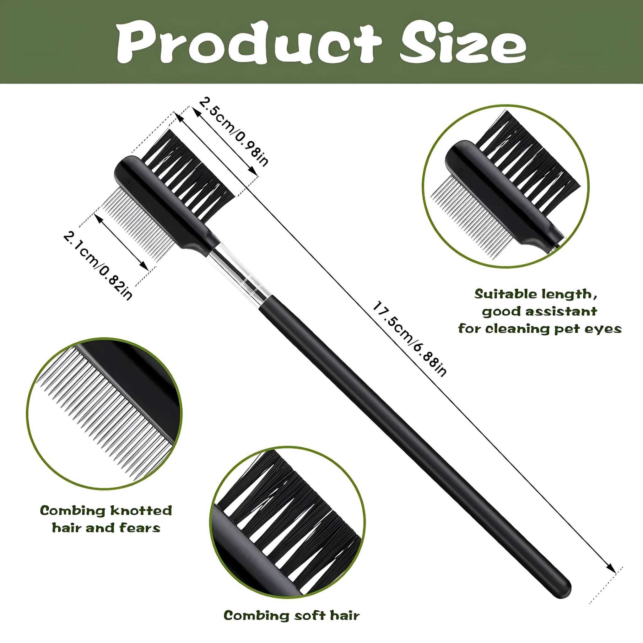 Double-head dog eye comb with black handle, steel teeth, and fibre side for tear stain removal
