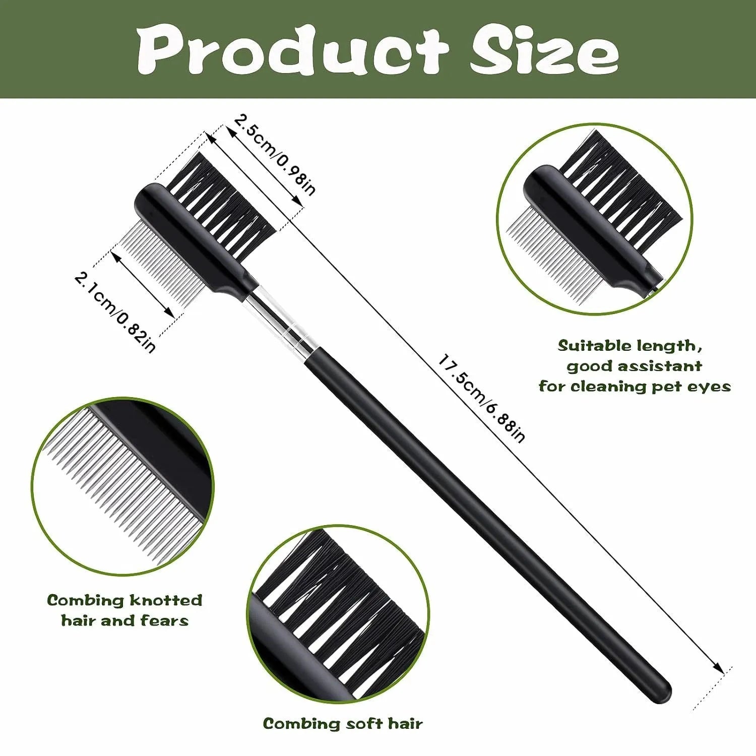 Double-head dog eye comb with black handle, steel teeth, and fibre side for tear stain removal