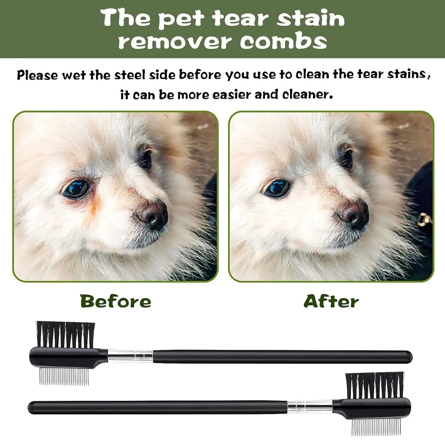 Double-head dog eye comb with black handle, steel teeth, and fibre side for tear stain removal